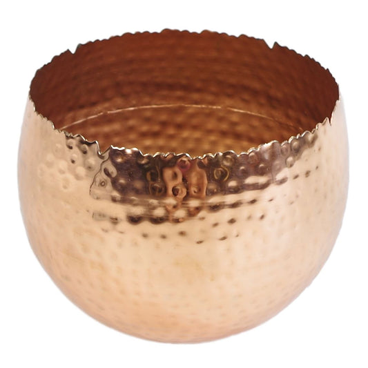 Large hammered copper planter with curved rim on a white background.