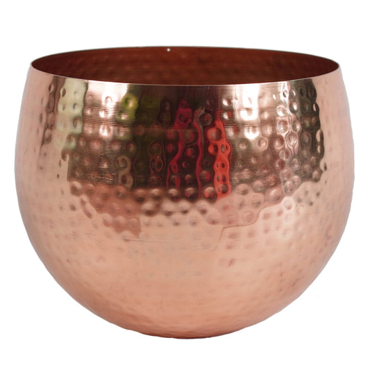Hammered copper metal bowl planter with curved edge, photographed solo on white background.