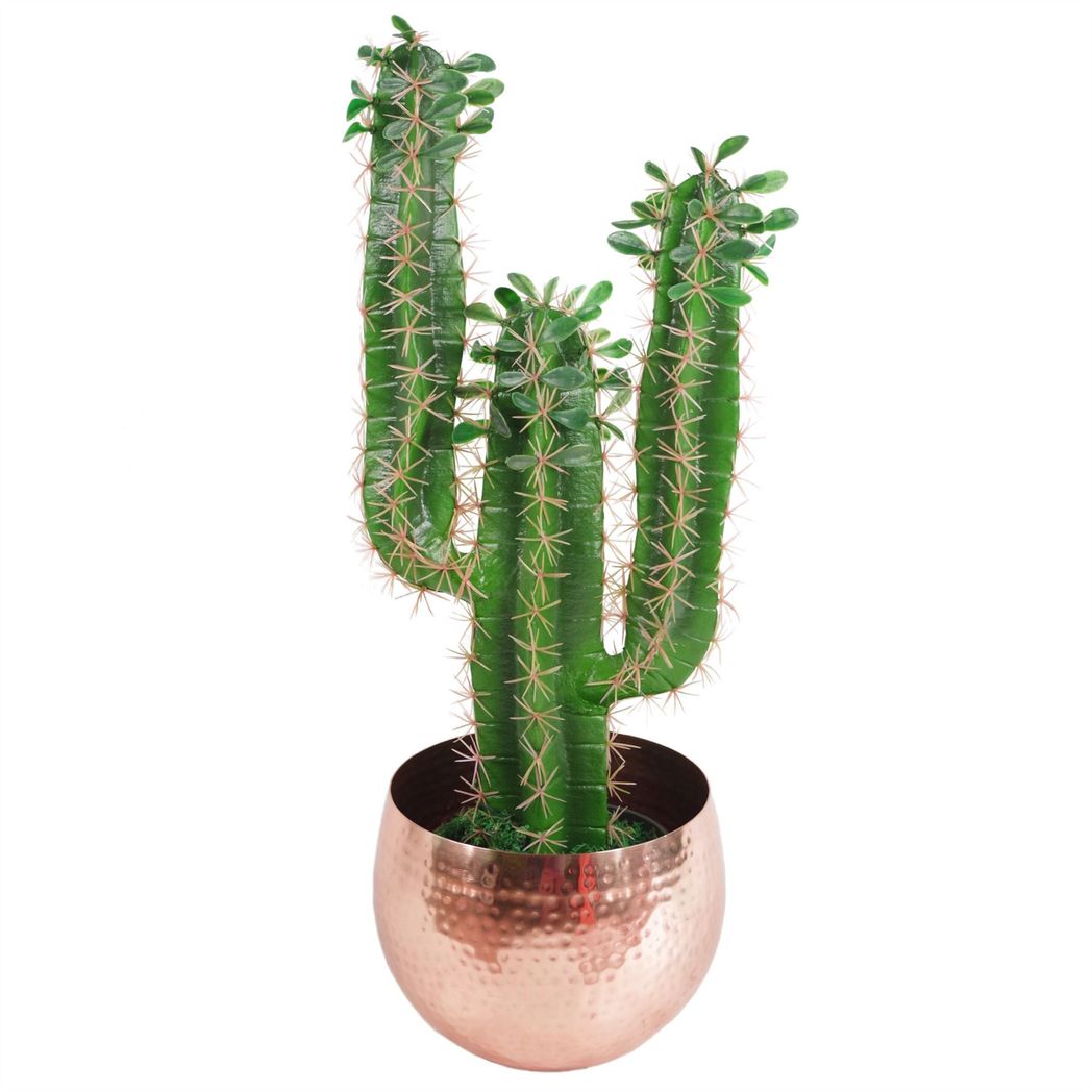 Large hammered copper planter styled with tall artificial cactus, showing indoor use context.