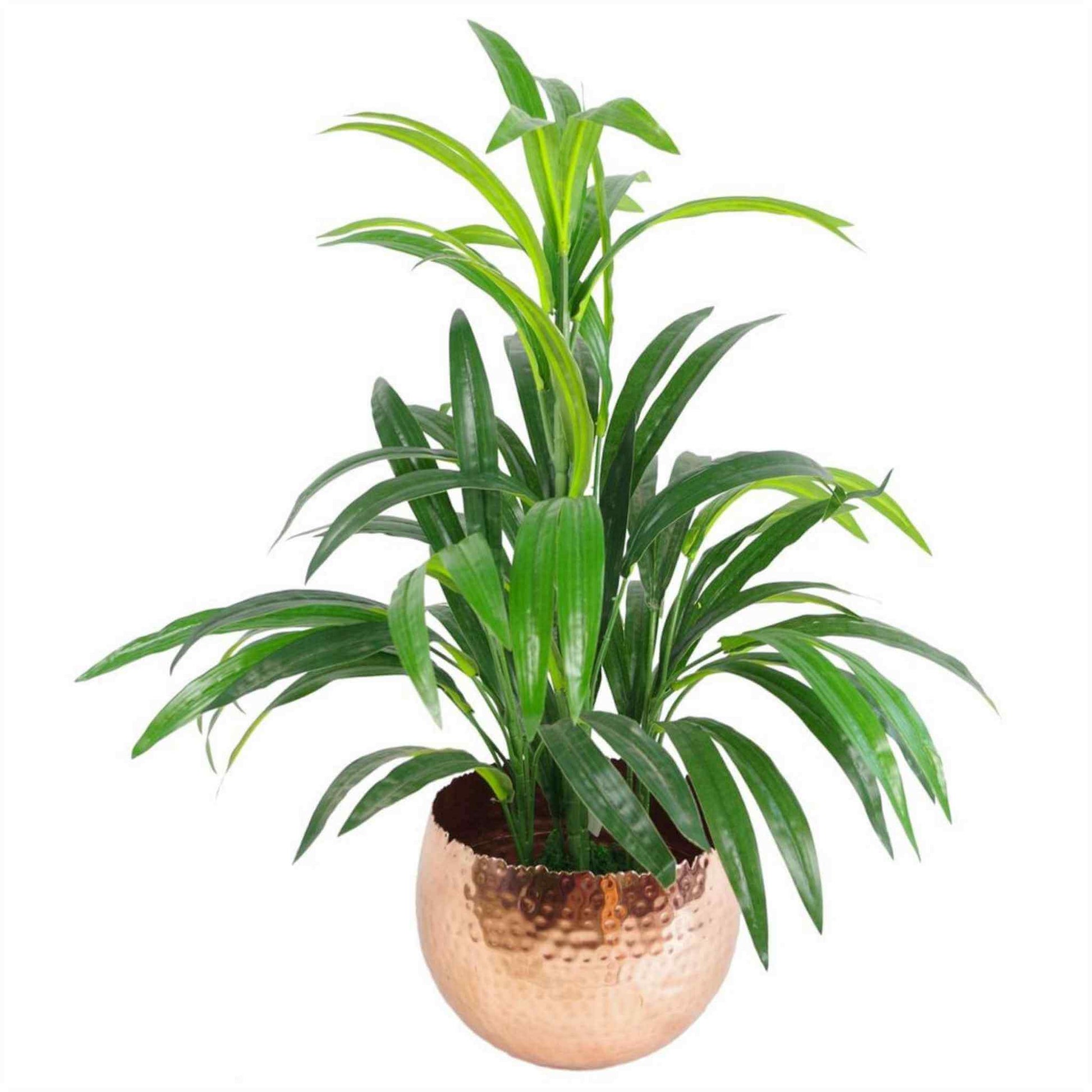 Hammered copper metal planter with a glossy artificial bamboo shrub, illustrating size and shape for styling reference.