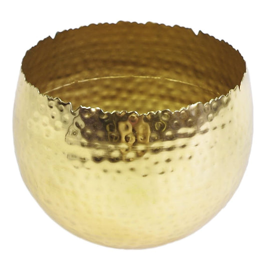 Large hammered gold-colour metal planter with curved rim on white background.