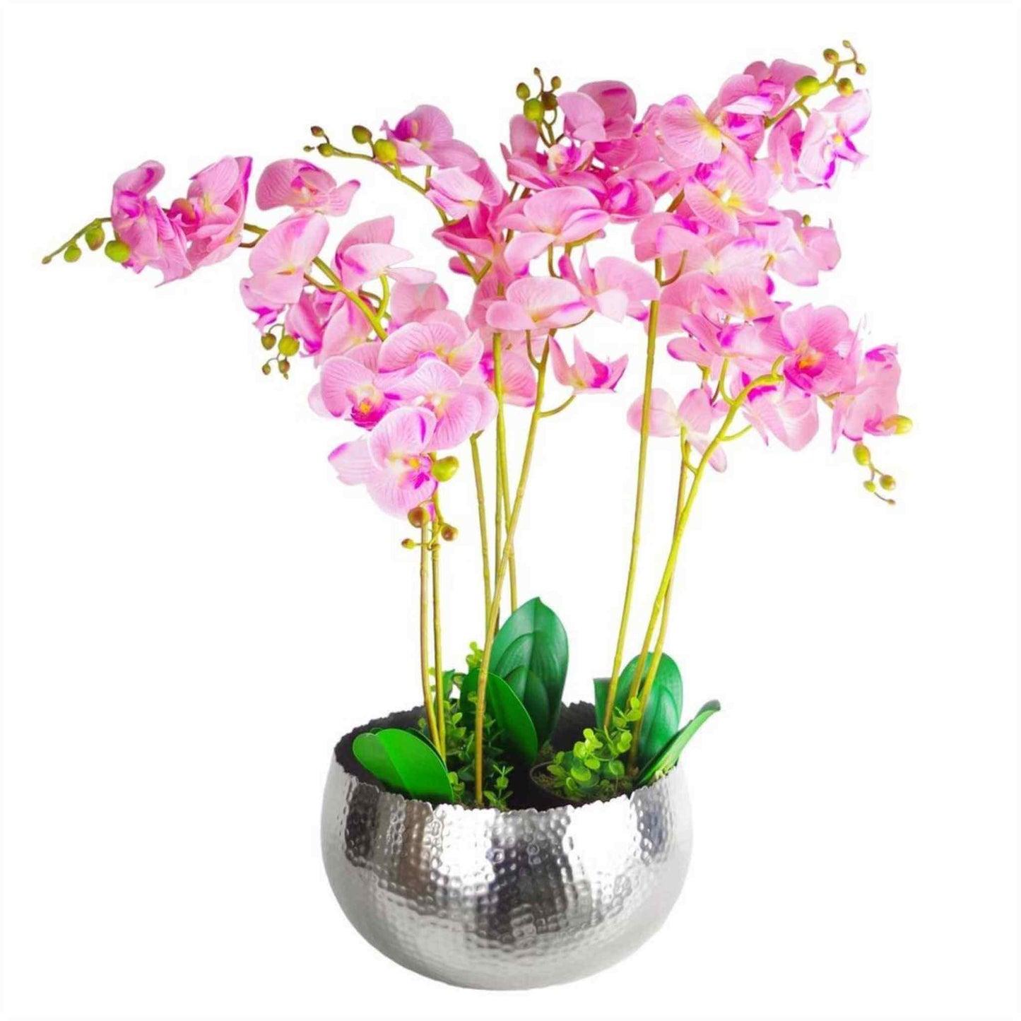 Hammered silver metal bowl planter with pink orchid arrangement, 32 x 20cm size, indoor display.