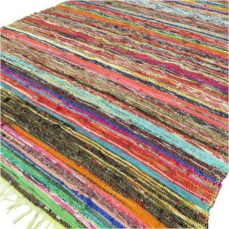 Wide-angle image of a striped Indian rag rug, 150 x 90 cm in size, shown on a white background.