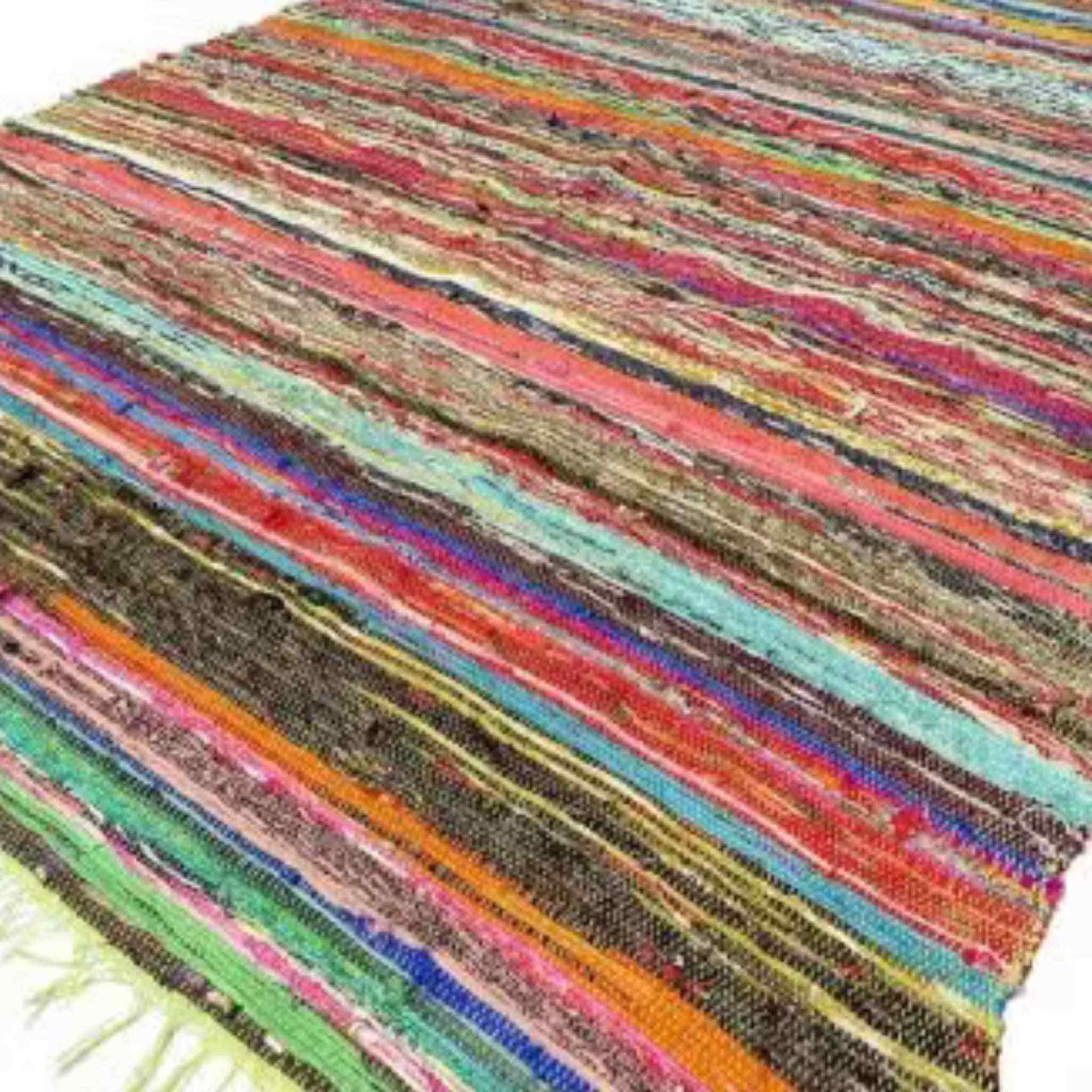 Angled view of a colourful woven cotton rug showing varied bright stripes.