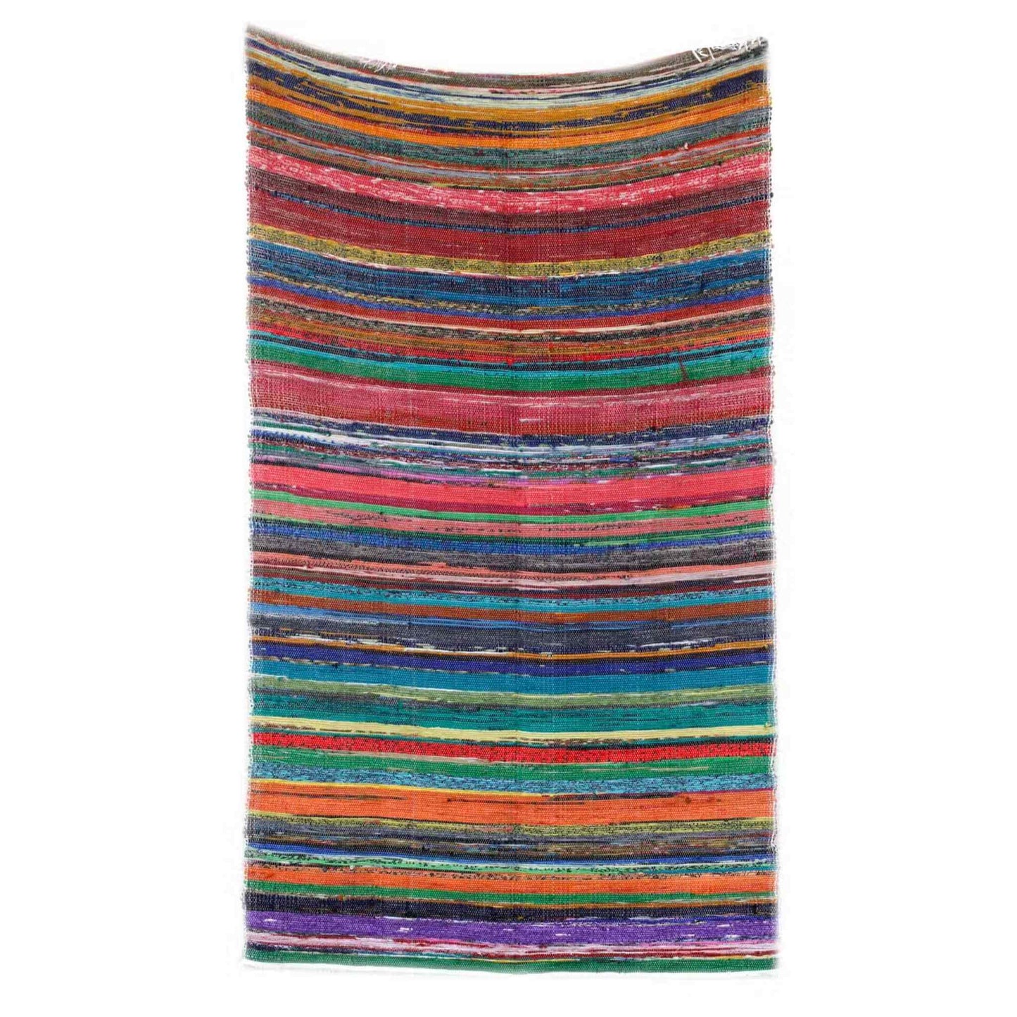 Full view of 150 × 90 cm striped cotton rag rug featuring bright multicolour weave and natural cotton fringe.