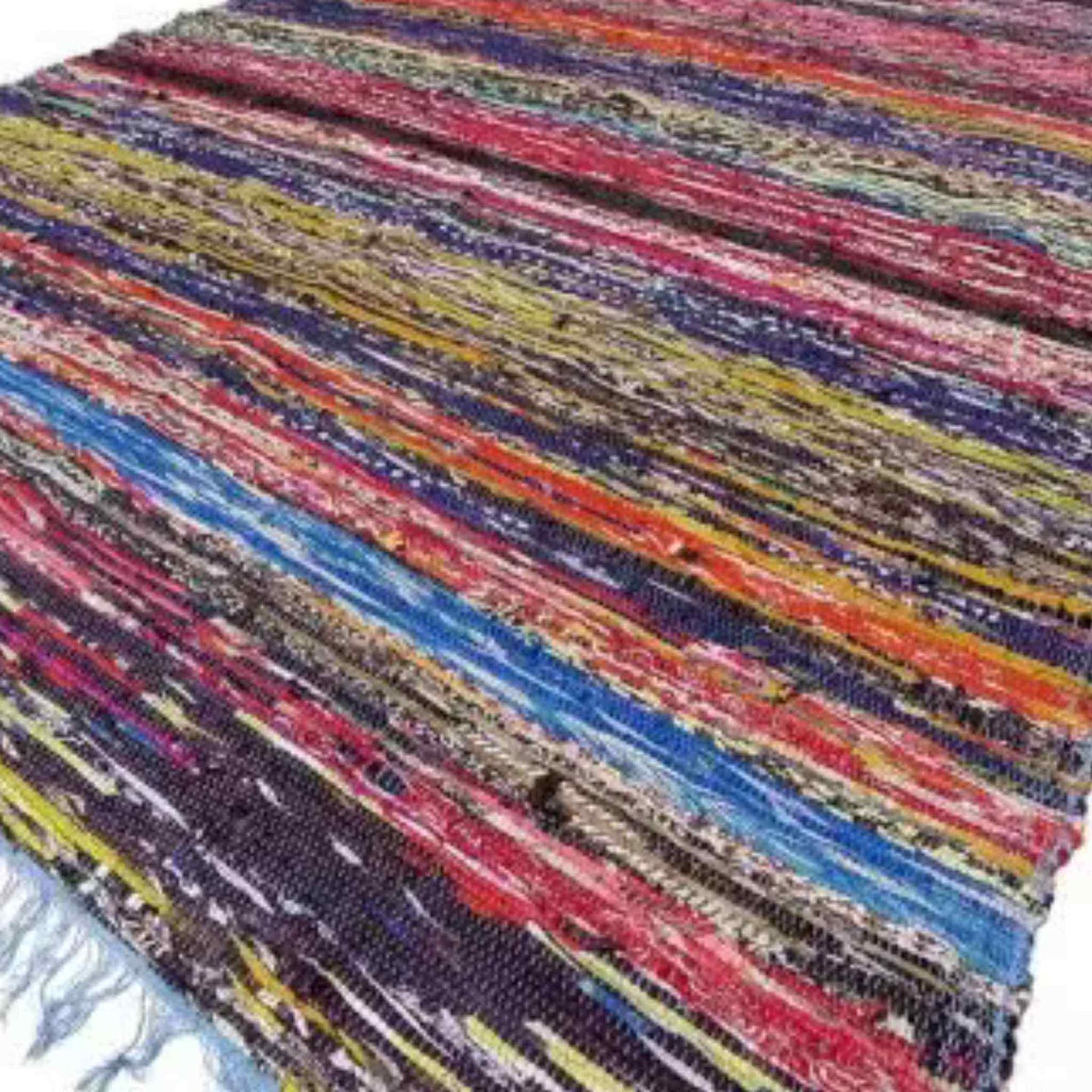 Luxury Indian rag rug 150x90cm with multicoloured stripes and blue fringe, displayed flat on a white background.