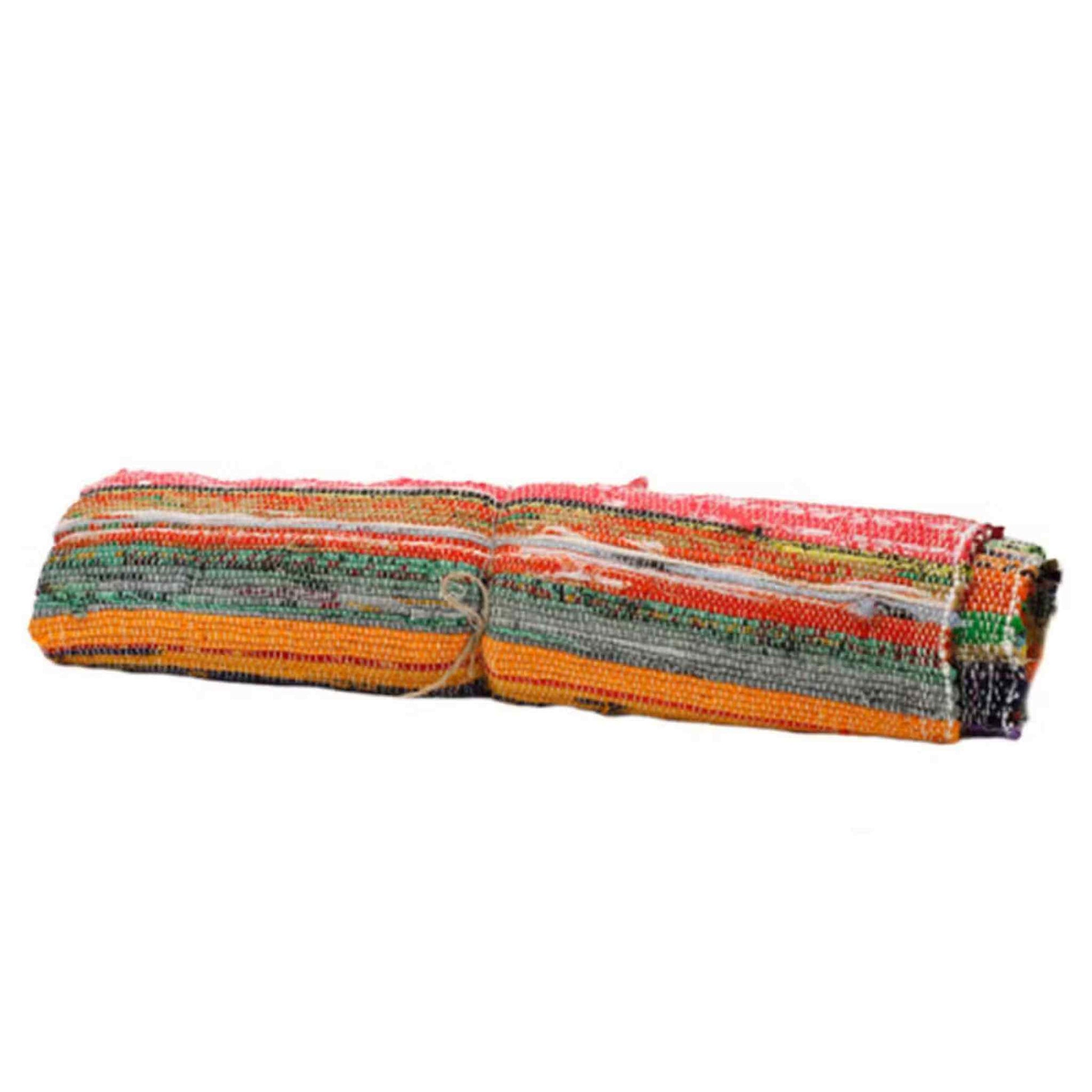 Rolled 150 × 90 cm multicoloured cotton rag rug showing compact woven texture and bright fabric layers.