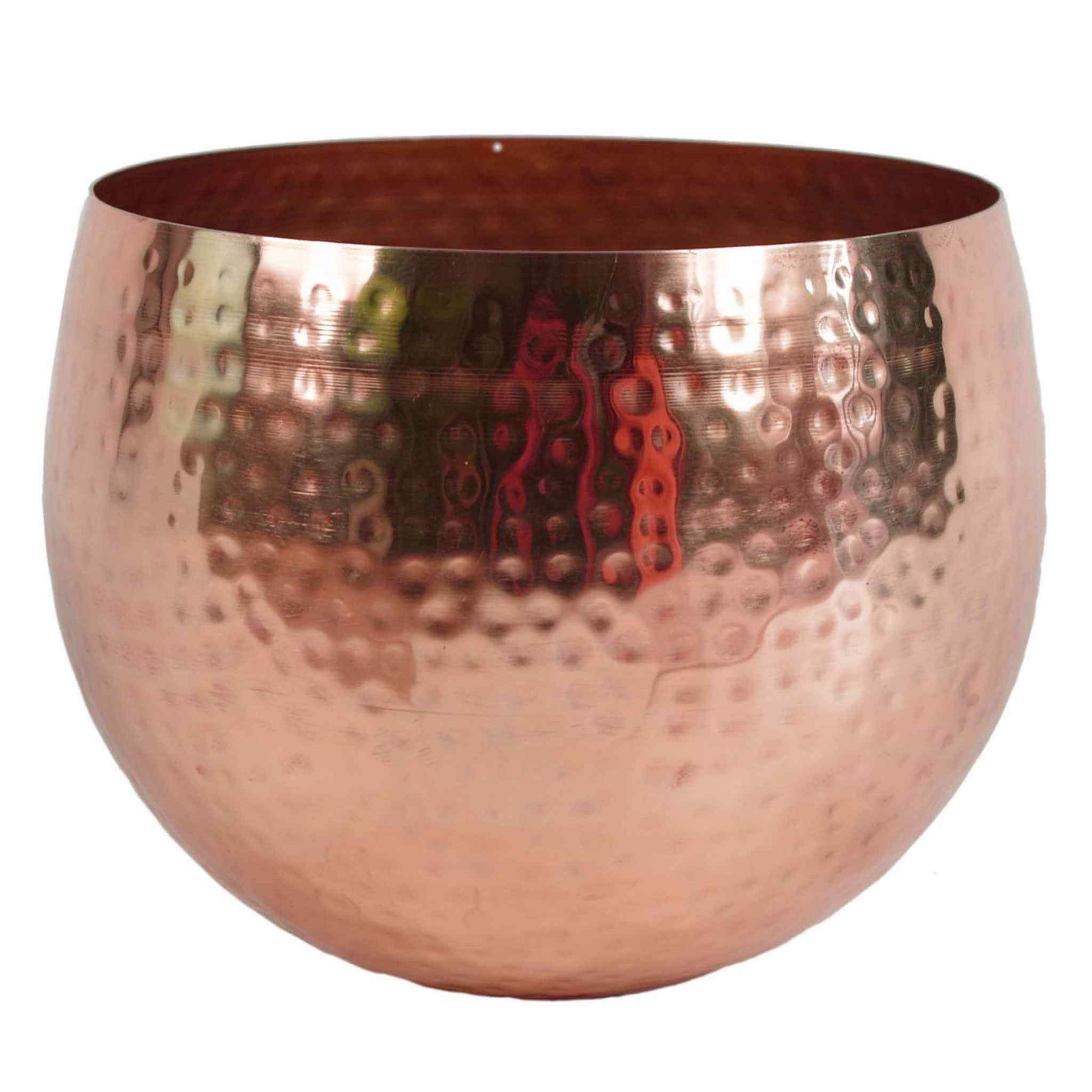 Large hammered copper metal planter, 22 x 18cm, with a rounded straight-edge shape and warm, reflective finish, shown empty on a white background.