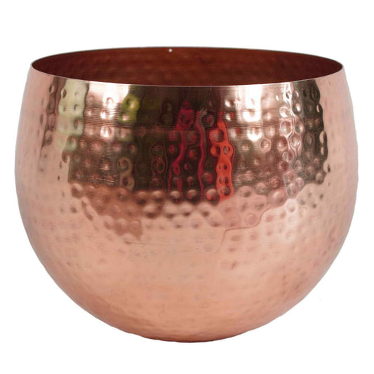 Large hammered copper metal planter, 22 x 18cm, with a rounded straight-edge shape and warm, reflective finish, shown empty on a white background.