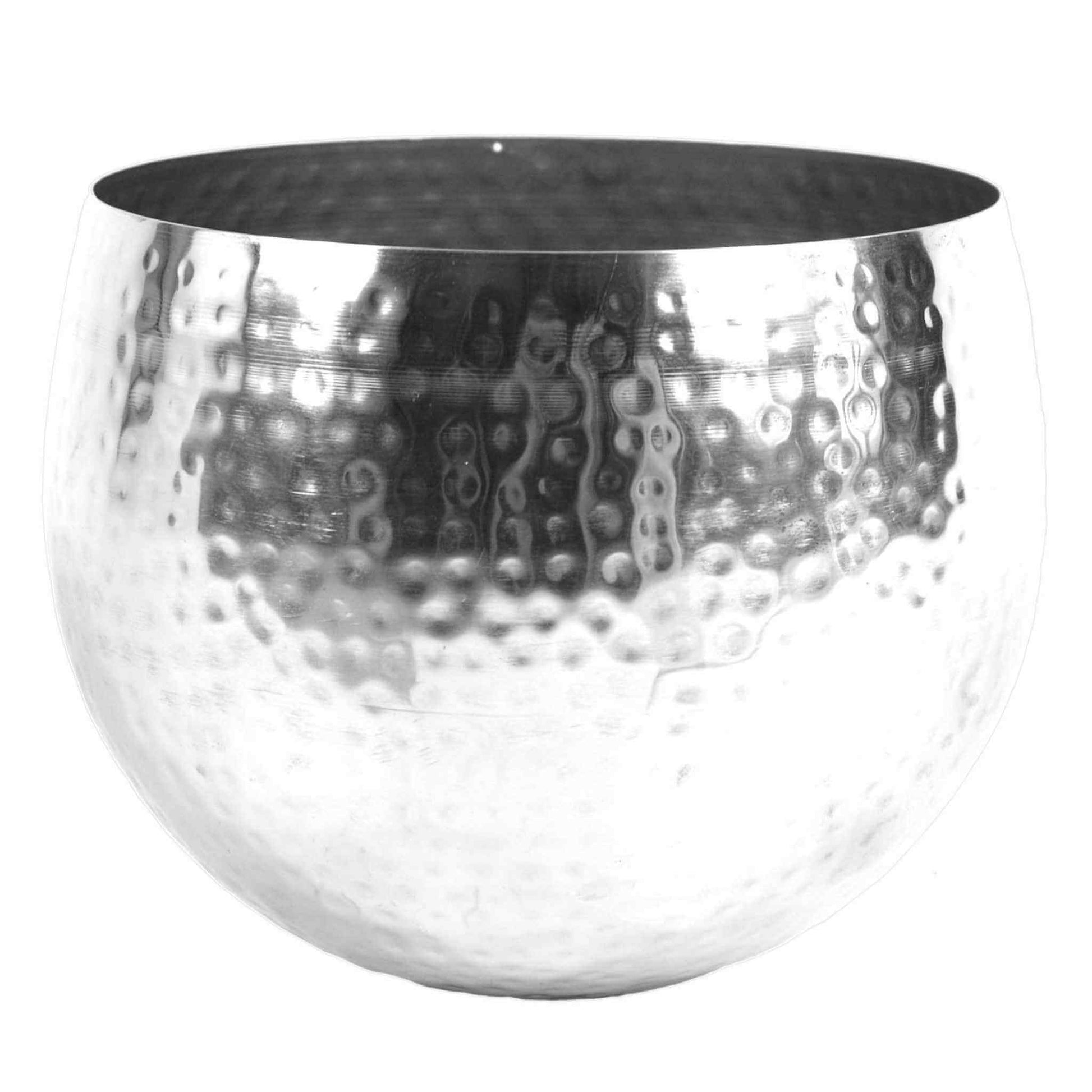 Large silver metal planter with a hammered texture and straight edge, shown empty against a plain white background.