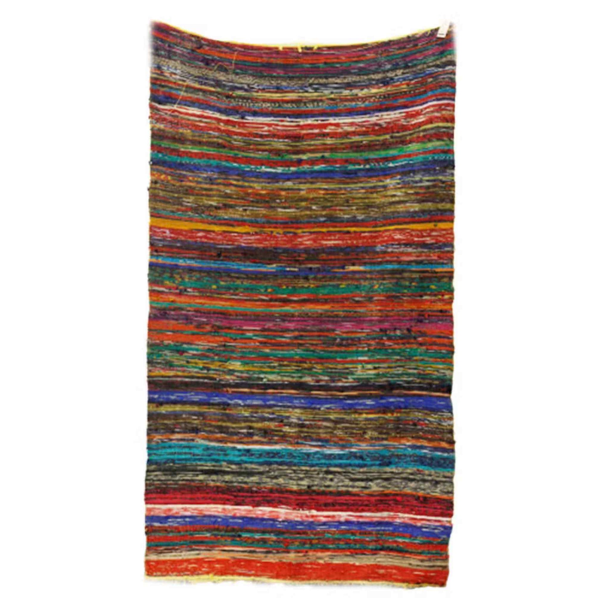 Full view of a handwoven 150 x 90cm Indian rag rug with vibrant stripes of red, green, and blue.