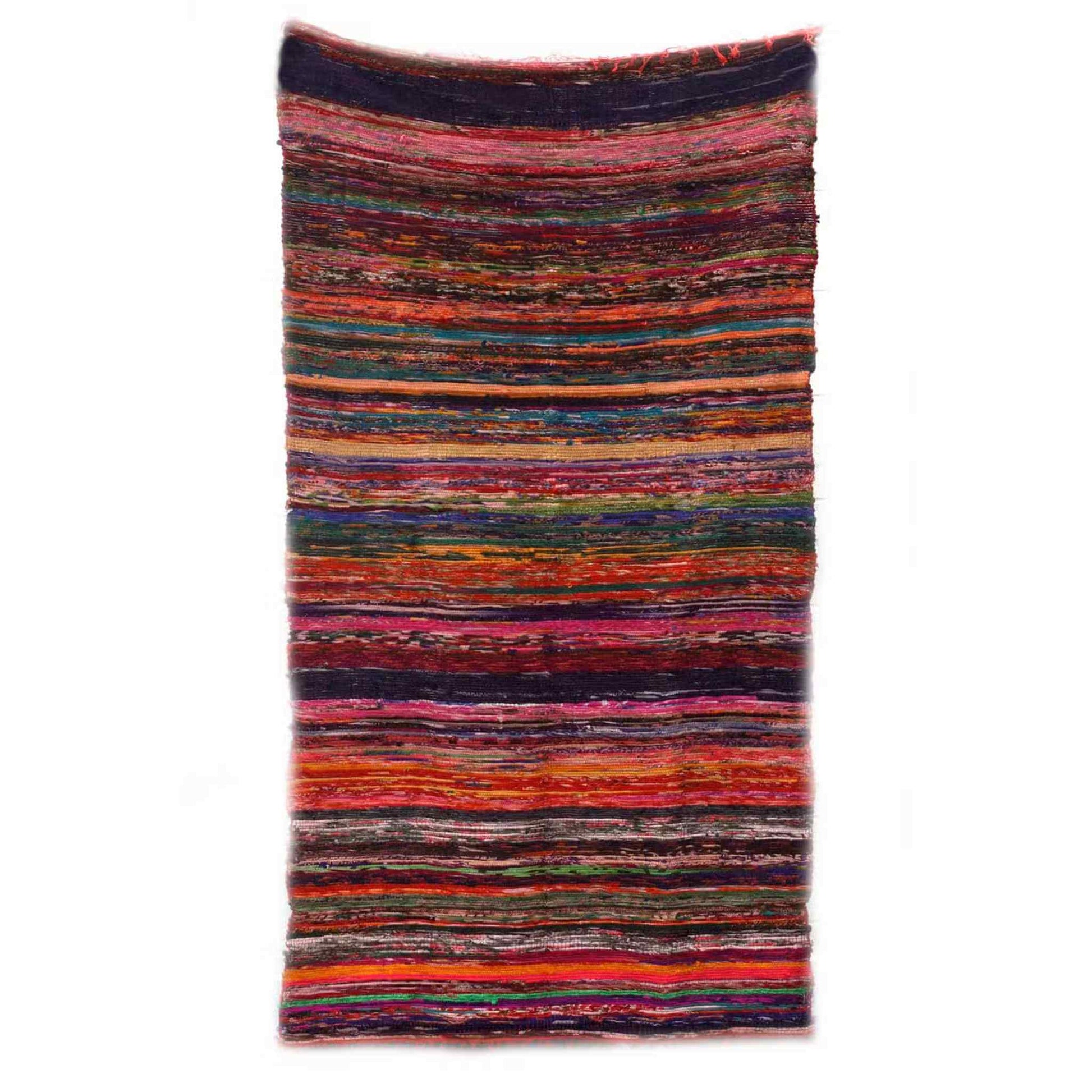 Full top-down view of 150x90cm red Indian rag rug with colourful horizontal stripes and soft fringe detail.