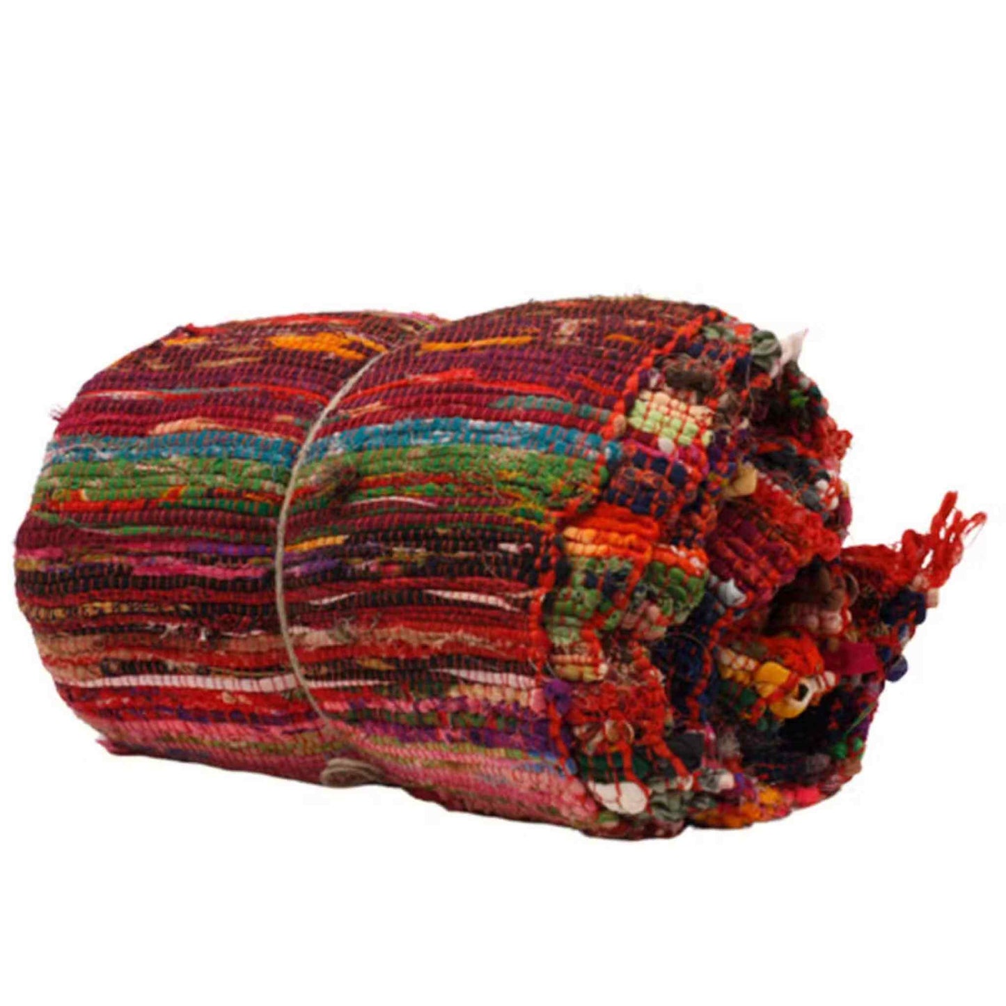 Rolled red and multicoloured woven rag rug showing its thick cotton weave and soft recycled fabric texture.