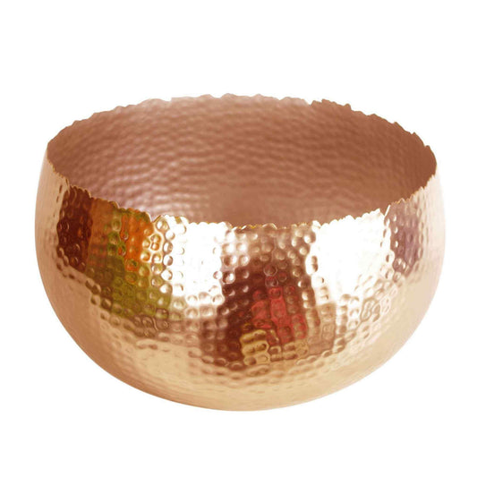 Hammered copper-coloured metal bowl planter with a curved rim, empty, shown against a white background (32 × 20 cm).