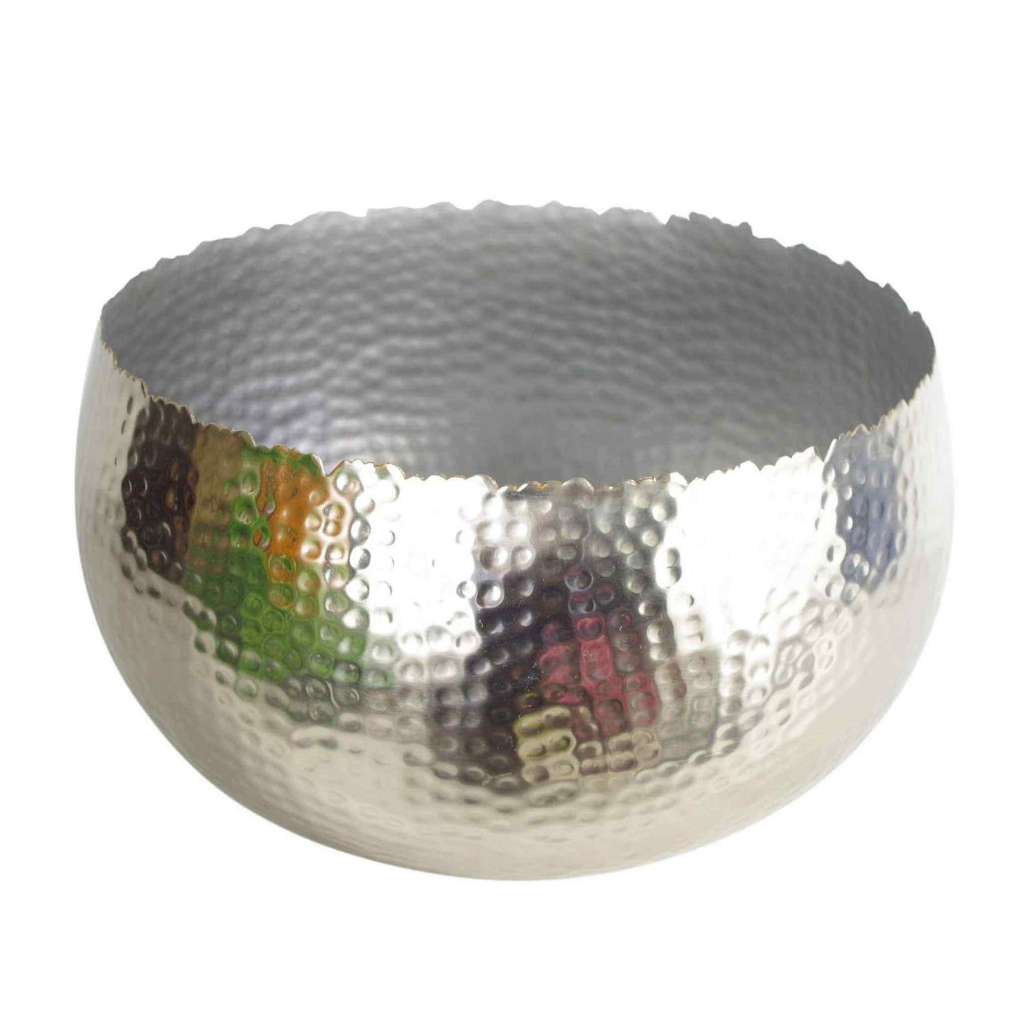 Large hammered silver metal bowl planter with a curvy edge on a white background, 32cm wide.