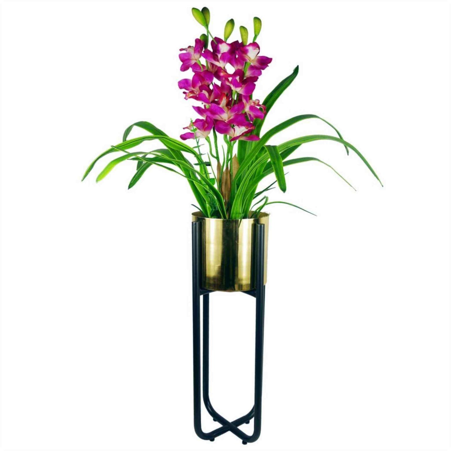 Tall black metal planter stand with gold metal planter holding vibrant pink orchids, set against a white background.