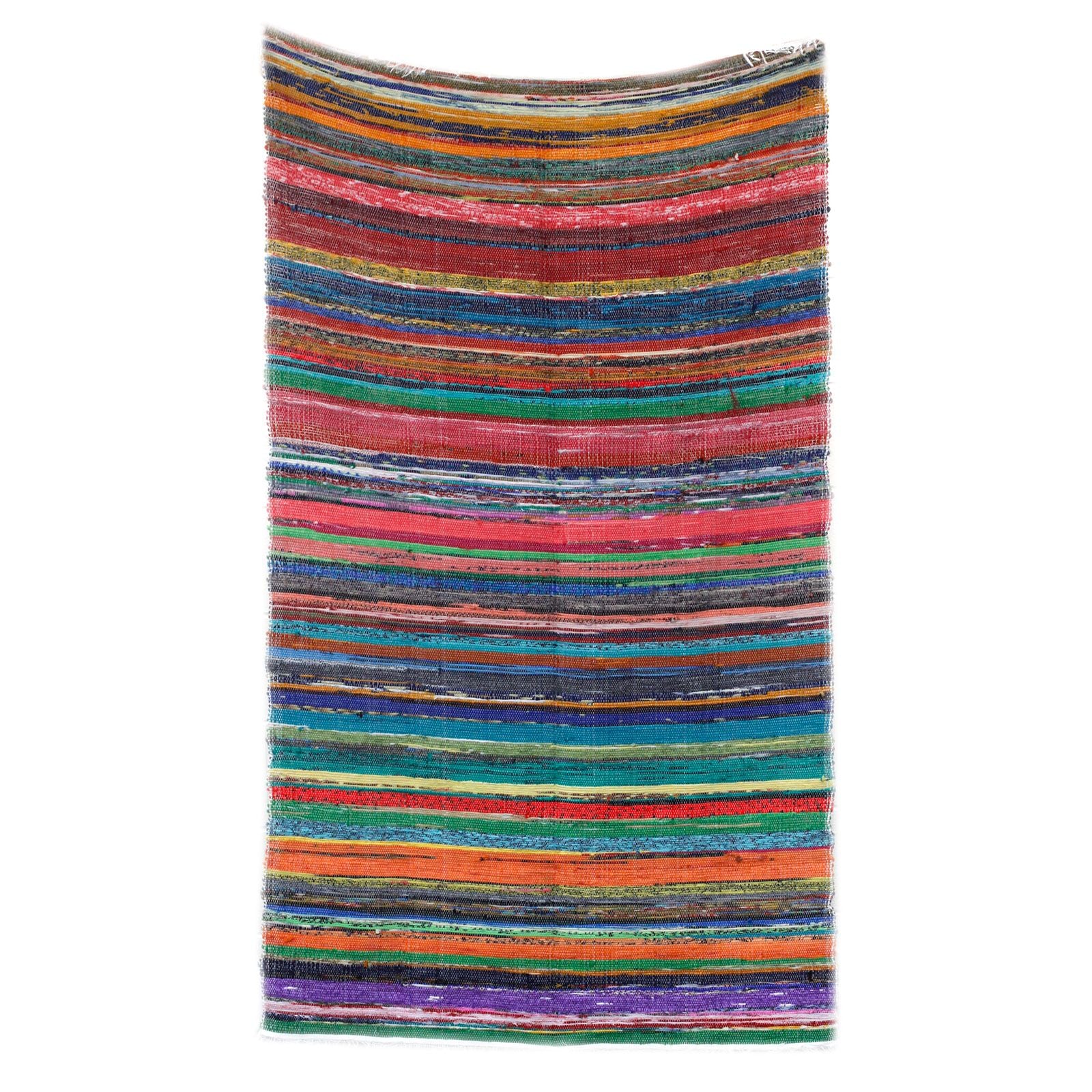 Flat lay of a full-size rectangular rag rug with multicolour stripes and a handwoven texture.