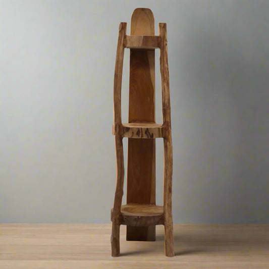 Natural teak corner shelving unit with three shelves, 98cm tall, front view.
