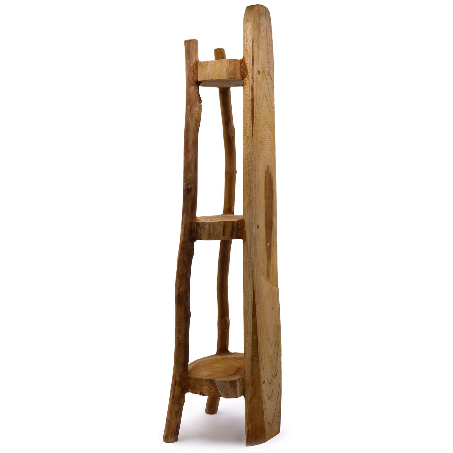 Natural teak corner shelving unit with three rounded shelves, 98cm tall, side view.