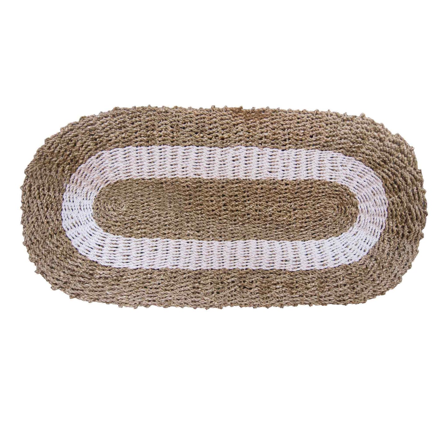 Oval seagrass rug in white and tan, 60x120cm, hand-woven natural fibres.
