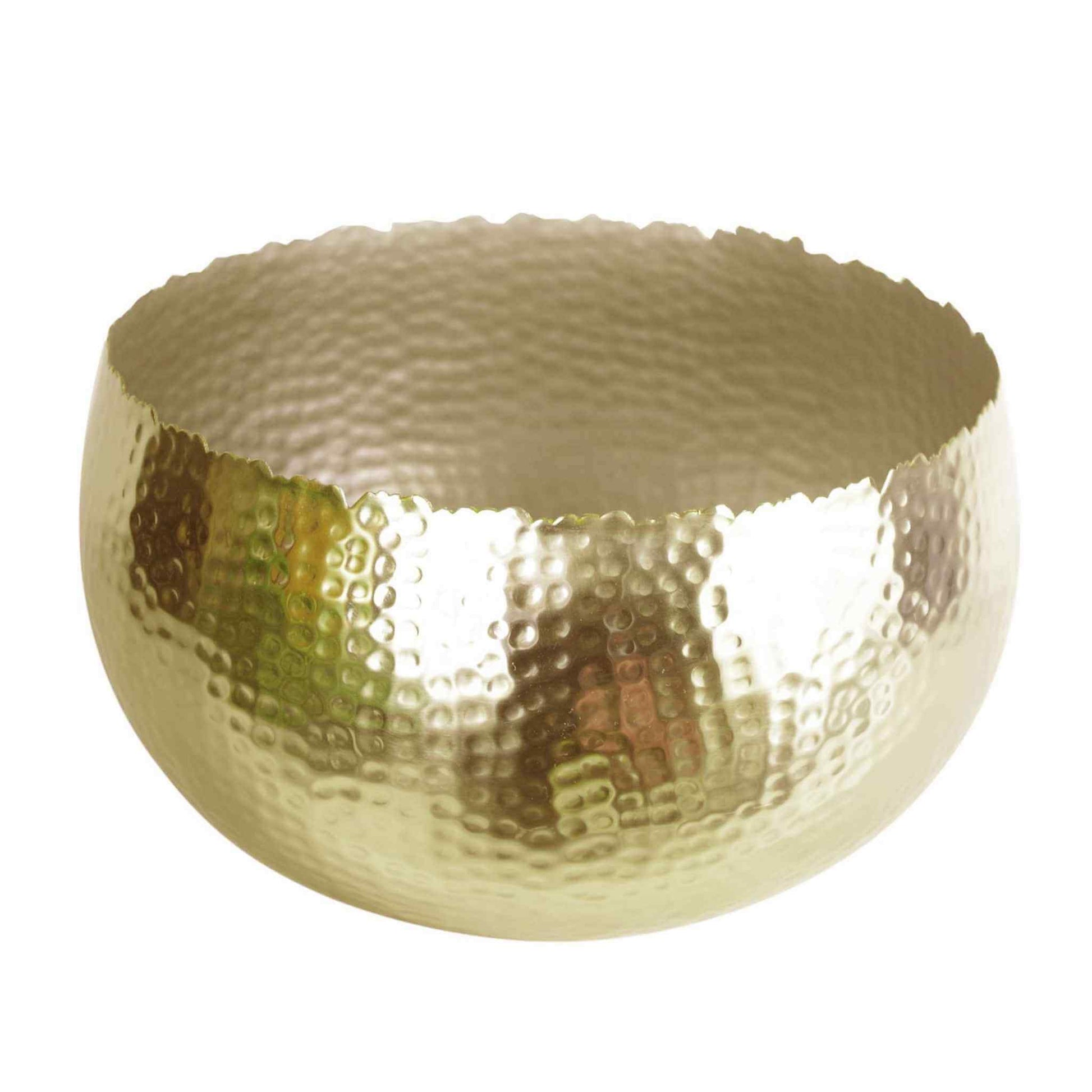 Gold hammered metal bowl planter with curved edge, shown empty against a white background, 32 x 20cm size.