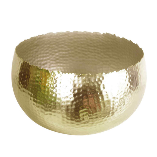 Gold hammered metal bowl planter with curved edge, shown empty against a white background, 32 x 20cm size.