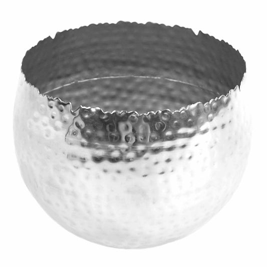 Large hammered silver metal planter with a curved rim, reflective finish, and textured surface, shown close-up on a white background.