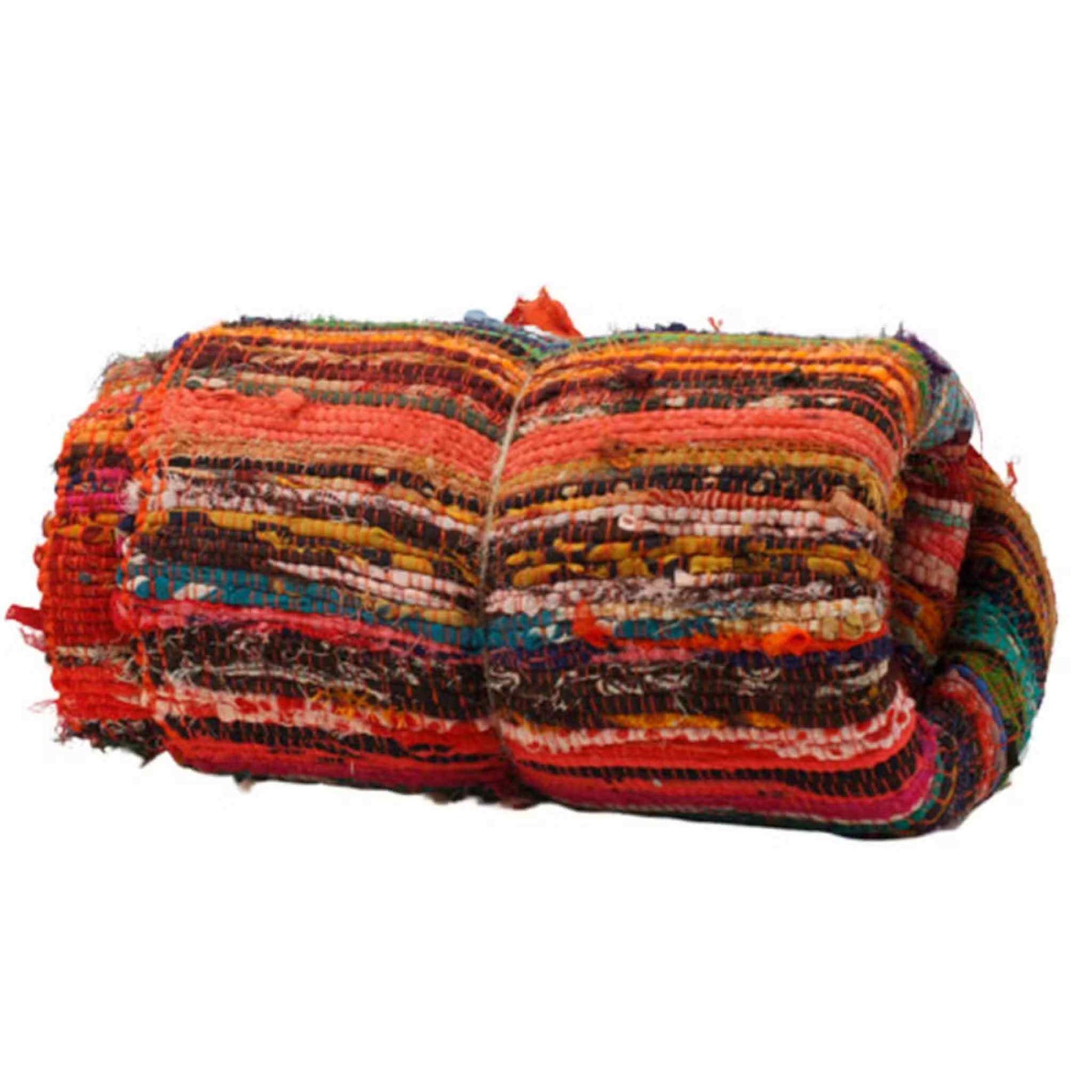 Folded Indian rag rug made from recycled cotton with bold orange, red, and teal stripes.