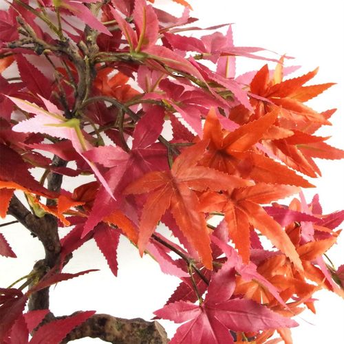Close-up of red and pink maple leaves with visible textured fabric edges.