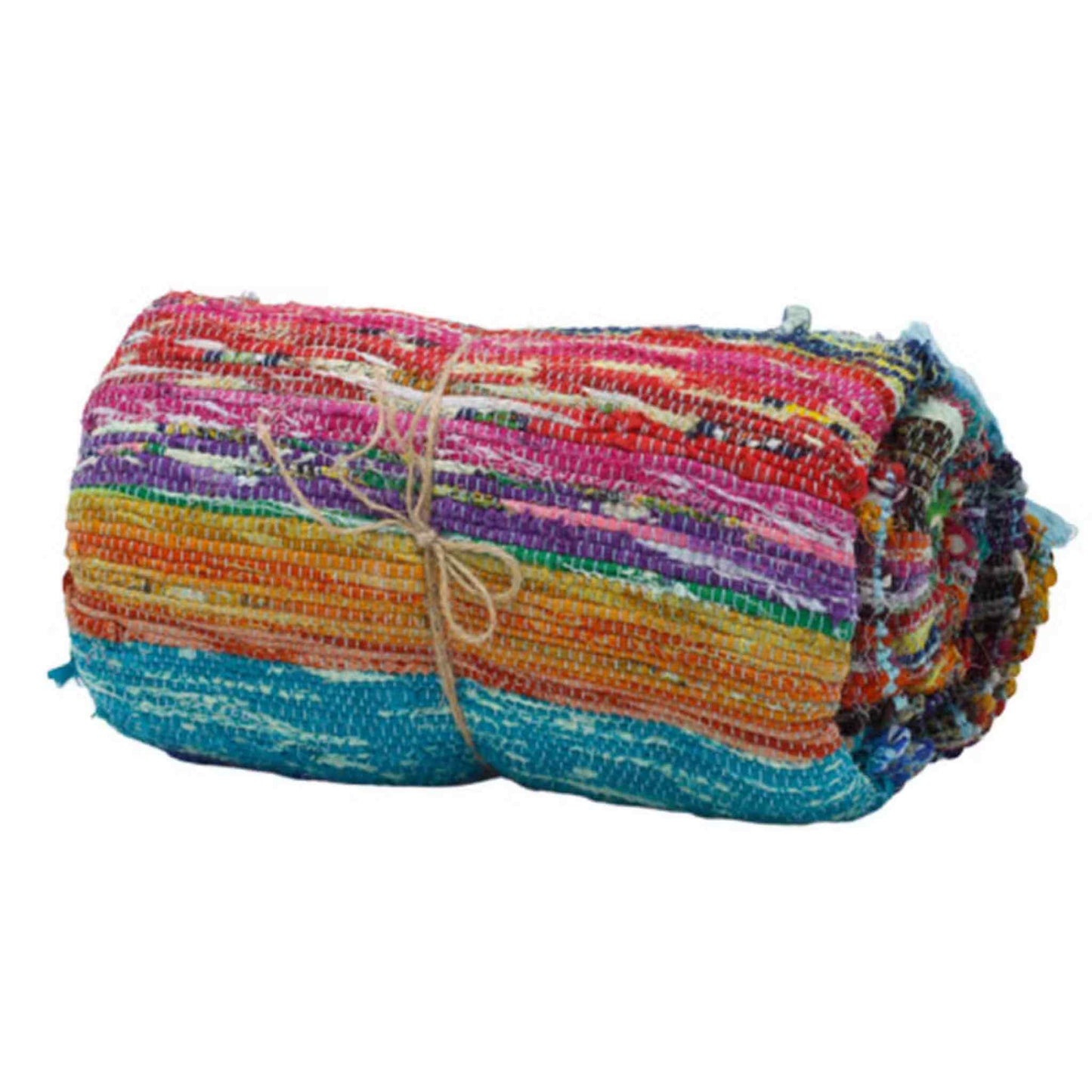 Rolled Indian rag rug tied with twine, showing bright woven colours and soft cotton texture.
