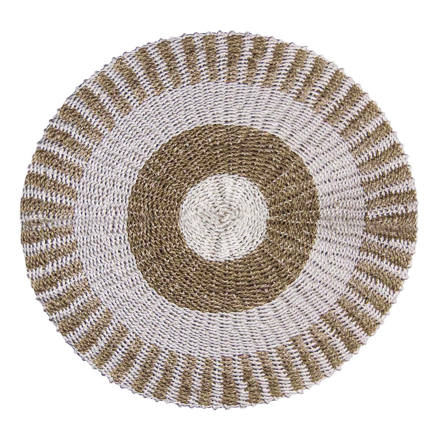 Round seagrass rug, 1 metre diameter, with white and tan sunburst pattern on a white background.