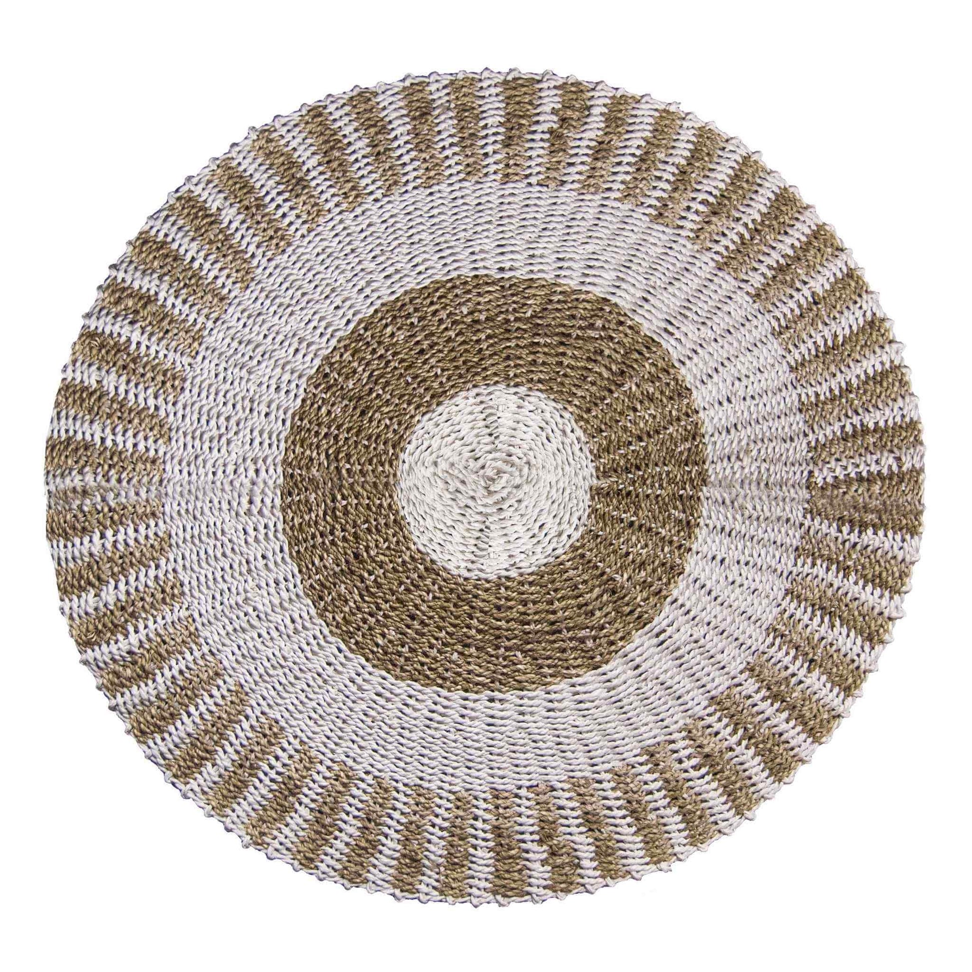Round seagrass rug, 1 metre diameter, with white and tan sunburst pattern on a white background.