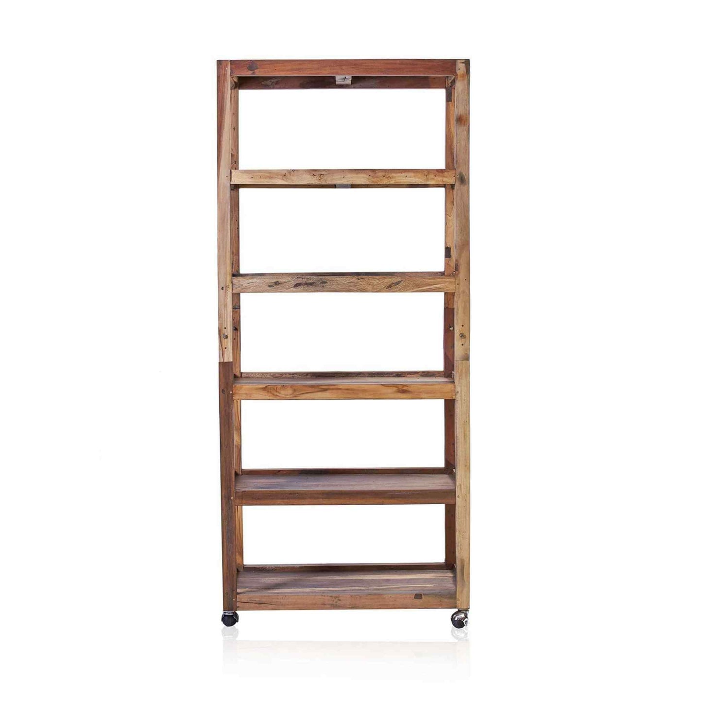 Front view of a six-tier shelving unit in recycled teak wood with a natural finish.