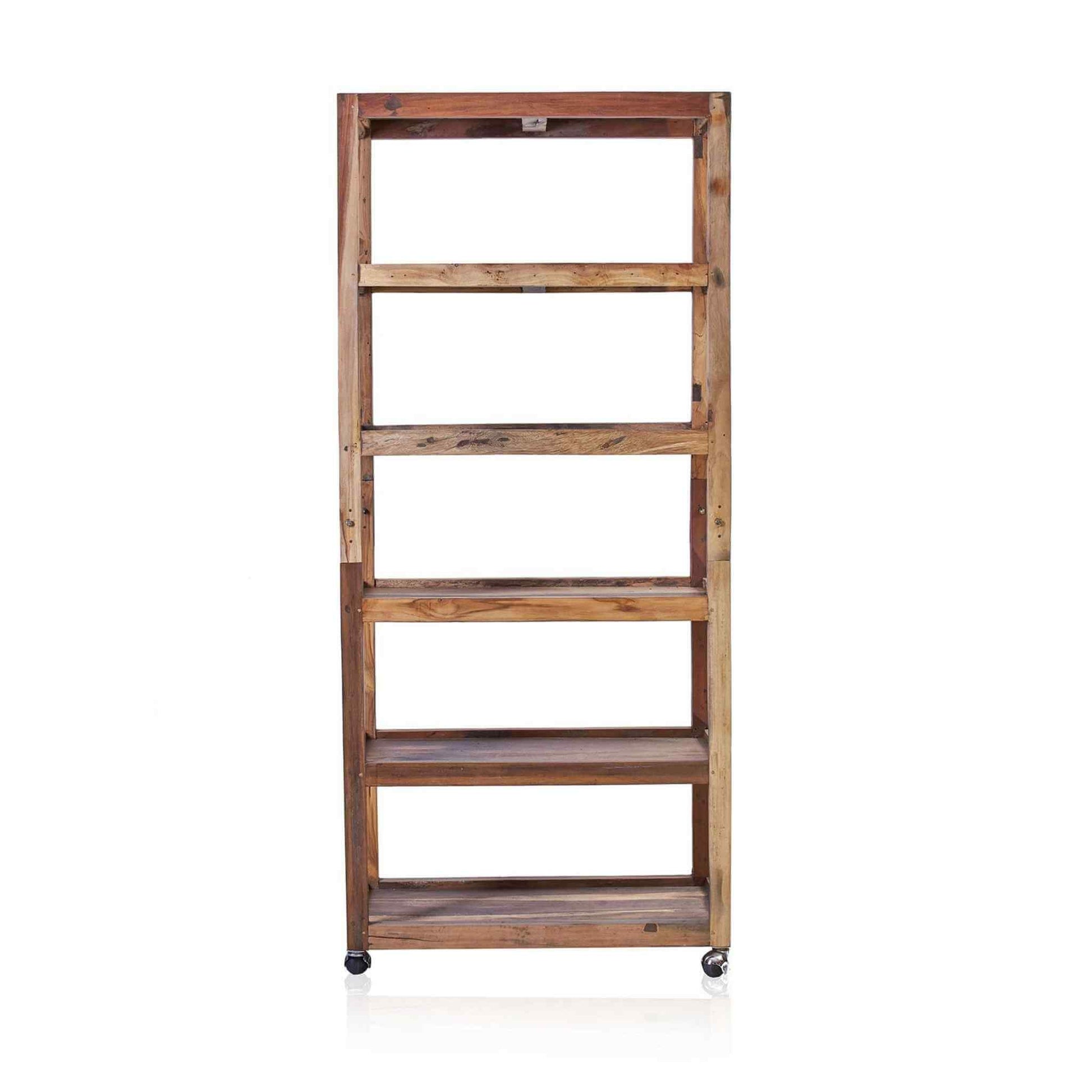 Front view of a six-tier shelving unit in recycled teak wood with a natural finish.