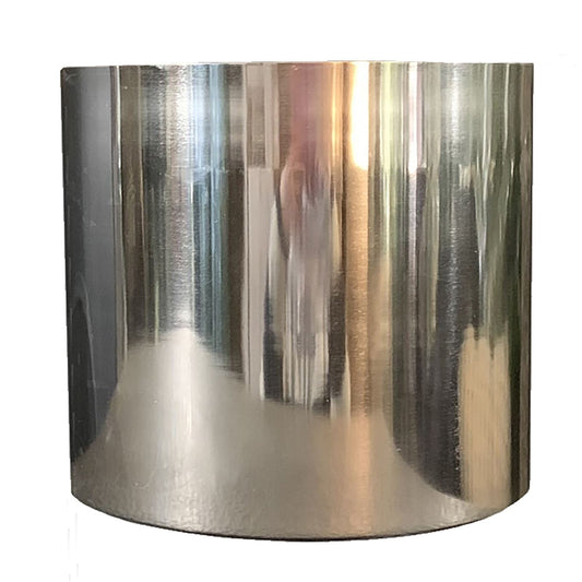 Empty polished silver metal planter with a smooth mirrored finish, shown on a white background.