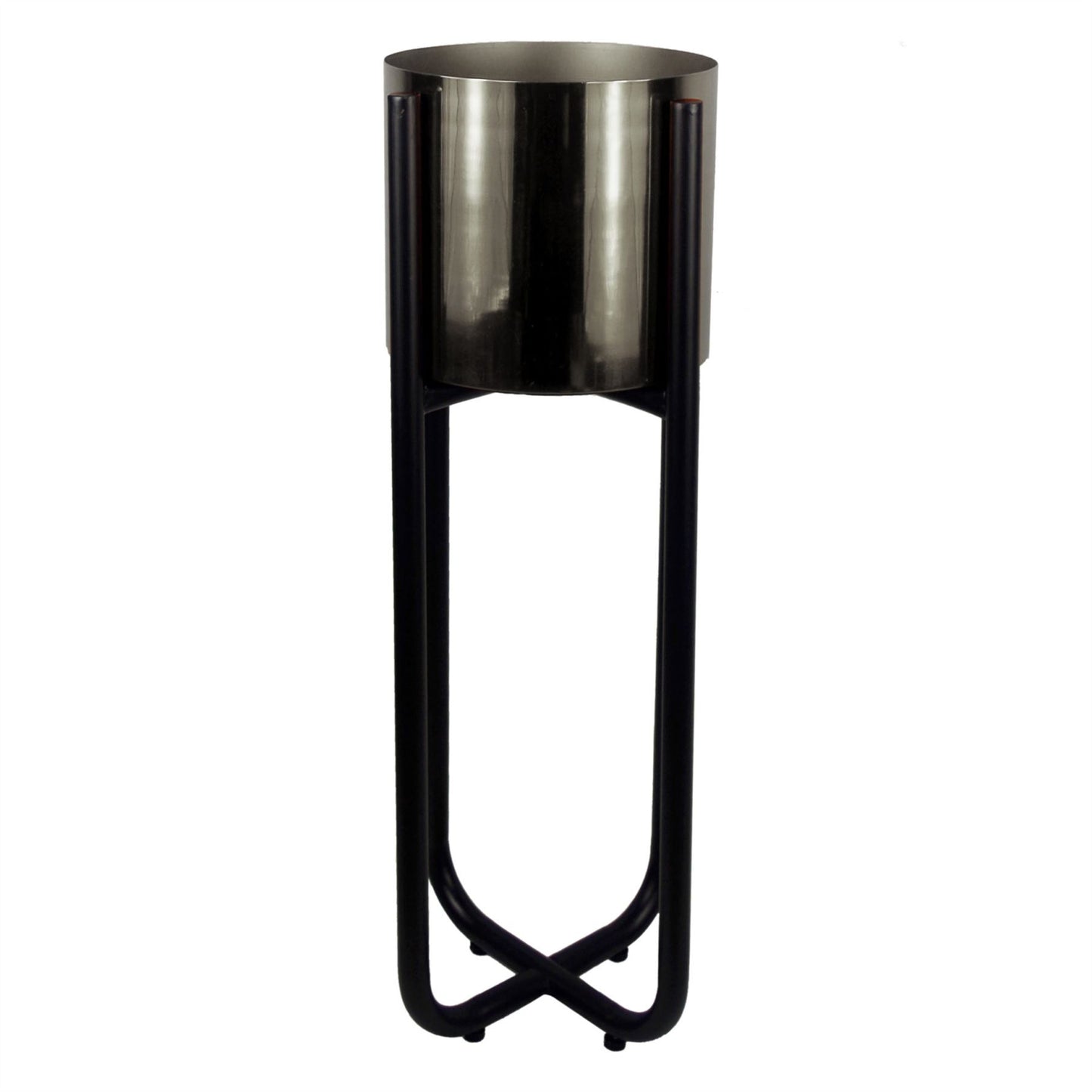 Black stand, 62cm, with silver cylindrical planter on a white background.