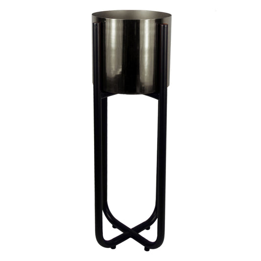 Black stand, 62cm, with silver cylindrical planter on a white background.