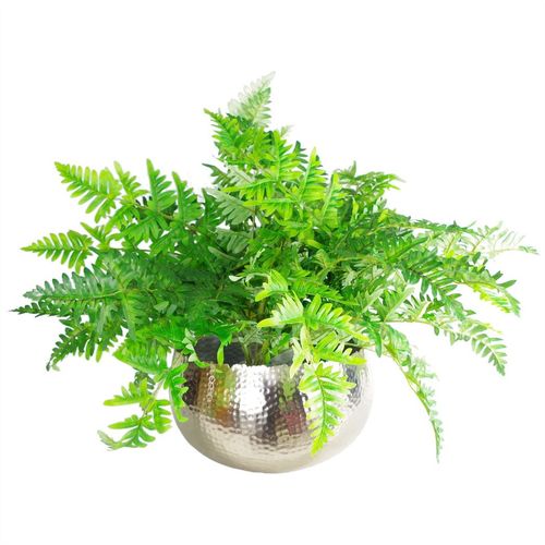 Silver metal planter with vibrant green artificial fern.
