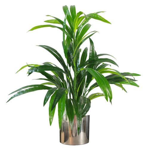 Broadleaf artificial indoor plant with glossy green foliage in a polished silver metal planter, styled on a white background.