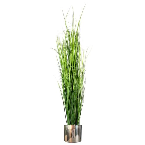 Tall artificial green grass with slender blades in a polished silver metal planter, shown against a white background.