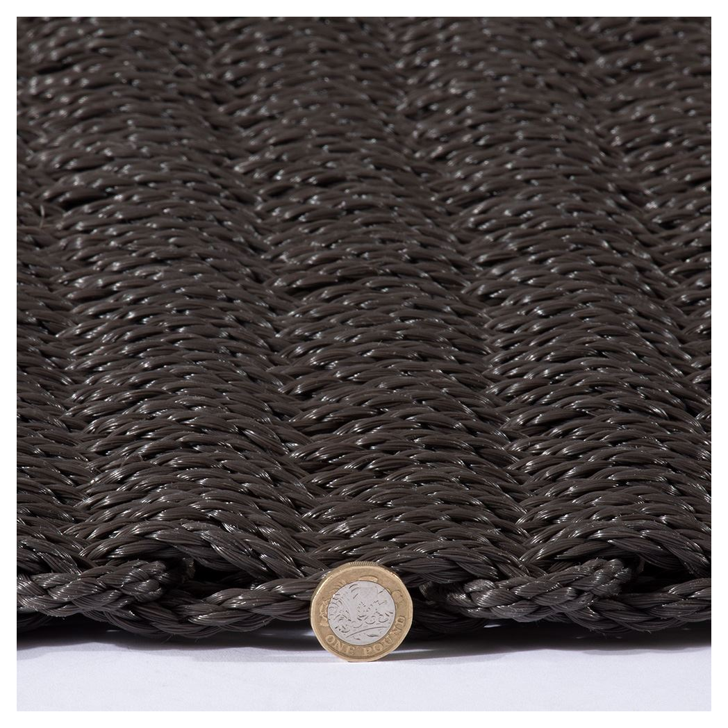 Side view of slate braided doormat with a coin for scale showing thickness.