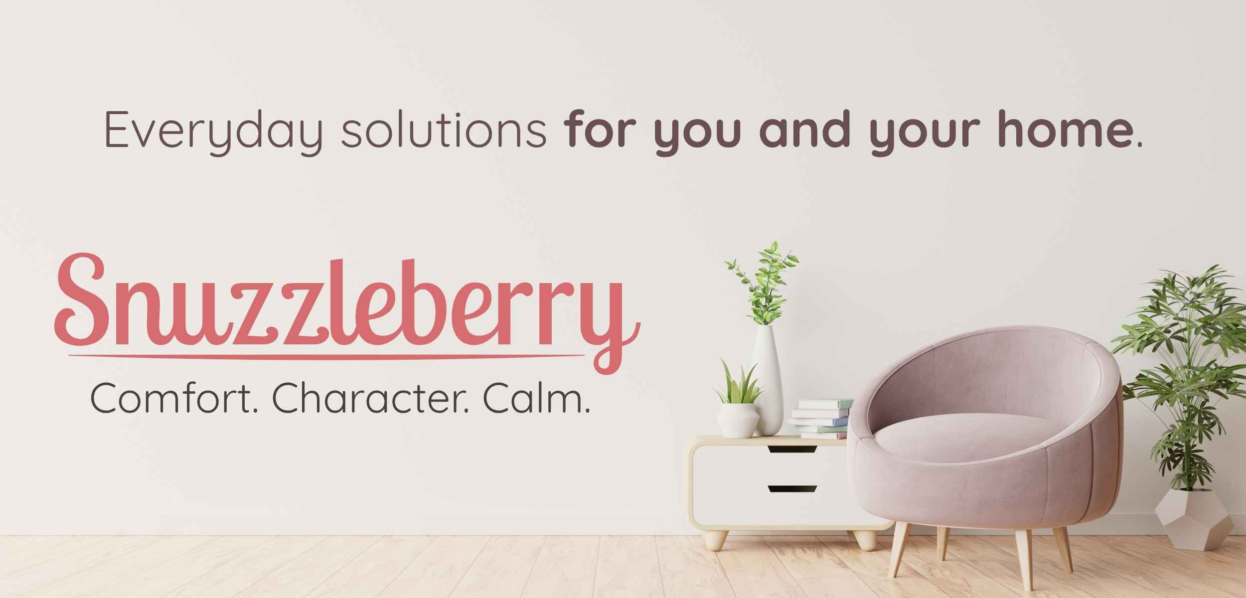 Snuzzleberry home décor banner featuring slogan ‘Everyday solutions for you and your home’ with modern blush armchair, plants and neutral-toned interior – Comfort. Character. Calm.