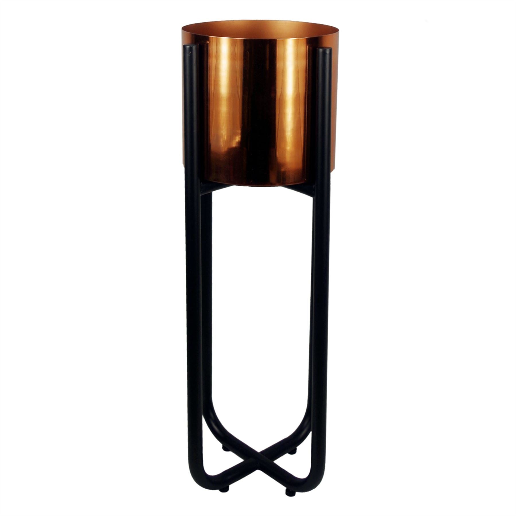 Tall black powder-coated metal stand with copper-finish planter, 62cm high, no plant.