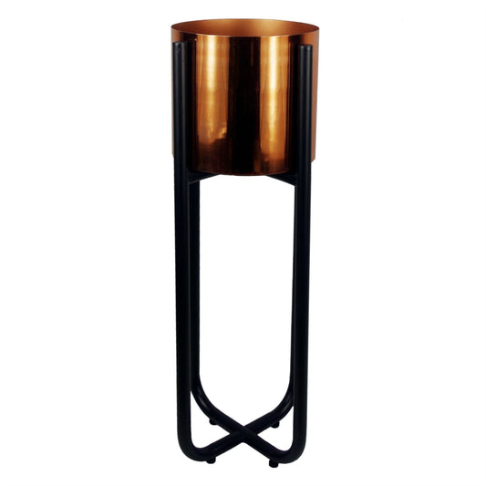 Tall black powder-coated metal stand with copper-finish planter, 62cm high, no plant.