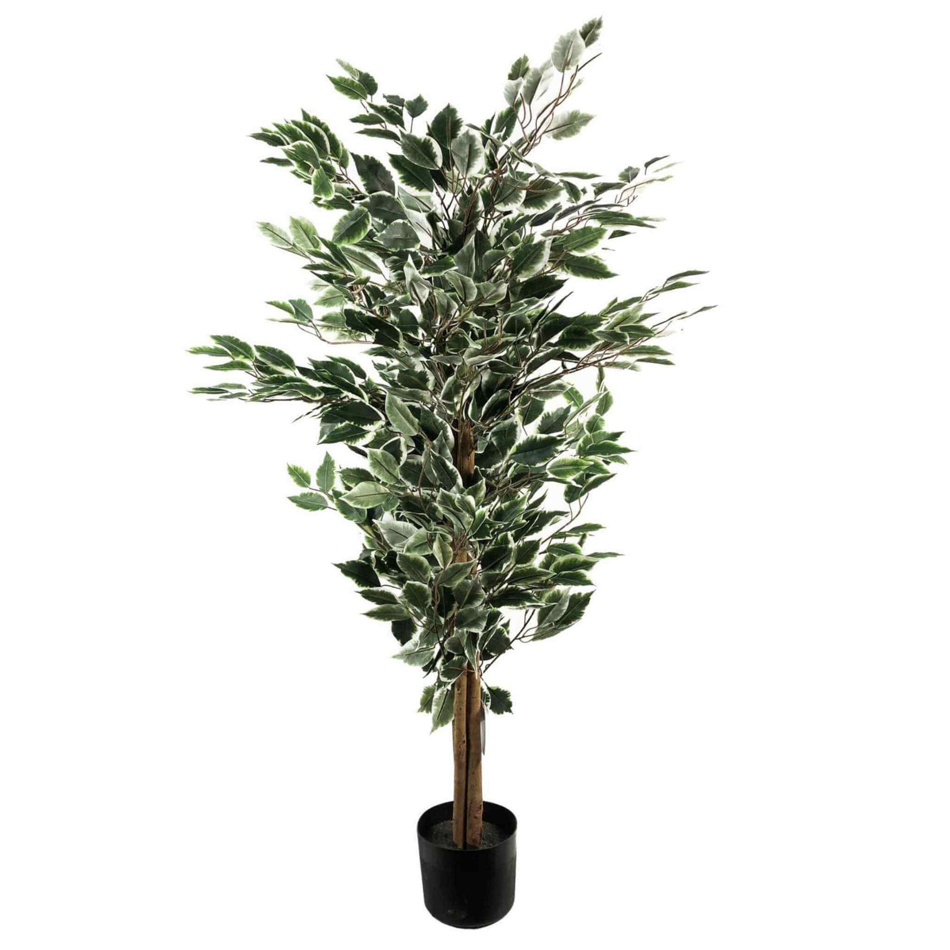 Full view of a 130cm tall artificial ficus tree with variegated green and white leaves on a white background.