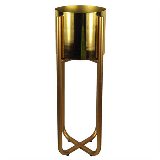 Gold metal planter in matching stand, empty, 62cm tall, with round shape and reflective finish.