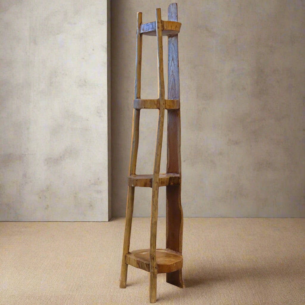 Rustic teak wood corner unit with four shelves, angled side view.