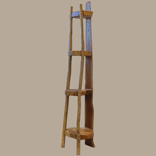 Rustic teak wood corner unit with four shelves, angled side view.