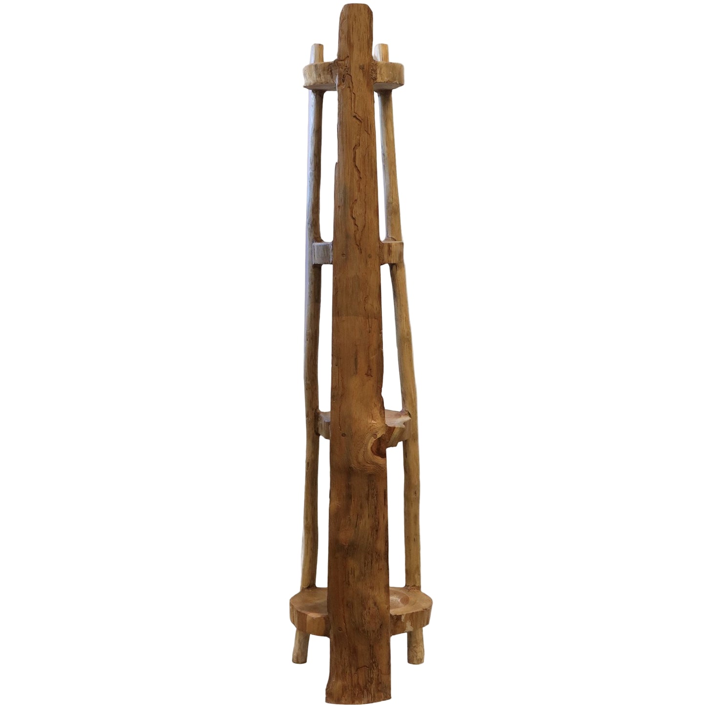 Solid teak corner shelving unit, back view showing natural grain.
