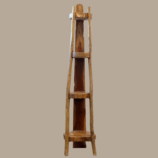 Tall natural teak corner shelf unit with four fixed shelves, front view.